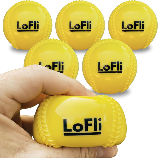 Yellow LoFli baseballs with a hand holding one against a white background