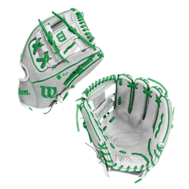 light grey baseball glove with green laces and small clover details