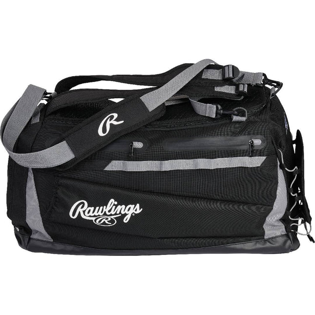 Black and gray duffel bag with Rawlings logo on a white background