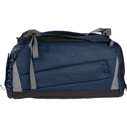 Blue duffel bag with gray straps on a white background