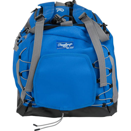 Blue backpack with gray straps on a white background