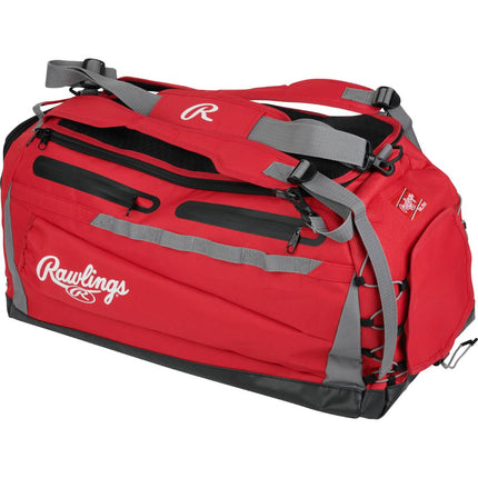 Red duffel bag with gray straps and Rawlings logo on a white background
