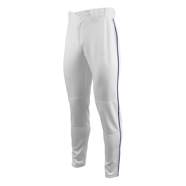 White baseball pants with a blue stripe on a white background