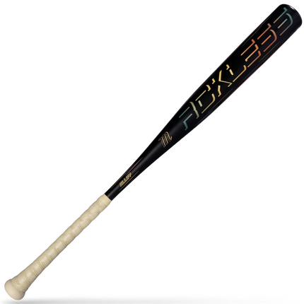 A black baseball bat with gold and orange 'FZKU33' lettering, featuring a cream-colored grip, shown diagonally on a white background with a soft shadow underneath.
