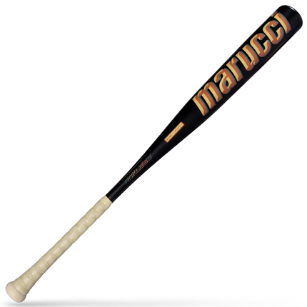 A Marucci baseball bat with a black barrel, gold lettering, and a cream-colored grip, shown diagonally on a white background with a soft shadow.