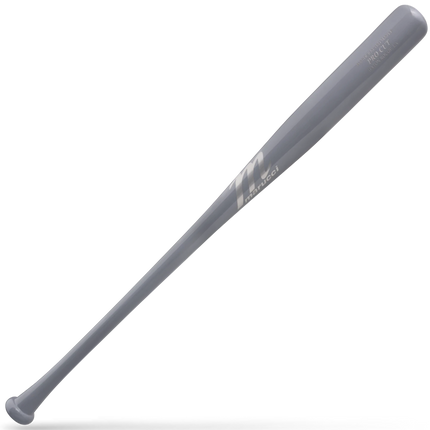 A gray wooden baseball bat with white printed branding, shown diagonally on a clean white background.