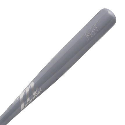 A close-up of a gray Marucci Pro Cet baseball bat, showing the barrel with the brand logo and text, set against a solid white background.