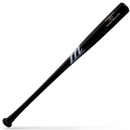A black metal baseball bat with white printed text and a stylized logo, shown diagonally on a clean white background with a soft shadow underneath.