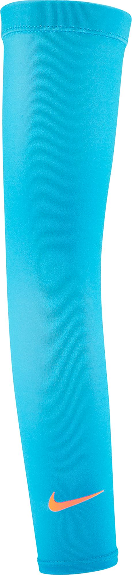 A bright blue athletic arm sleeve with an orange Nike swoosh logo near the bottom, shown against a plain white background.