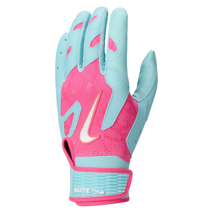 Pink and light blue baseball glove with Nike logo on a white background
