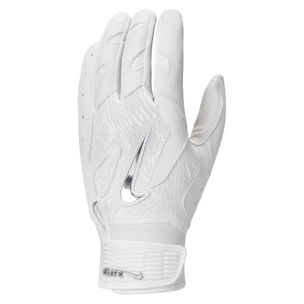 A single white Nike football glove shown from the back, featuring a metallic silver swoosh logo and a white Nike ELITE cuff, set against a light gray gradient background.