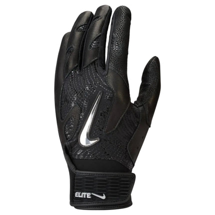 Black Nike batting glove with a silver logo on a white background