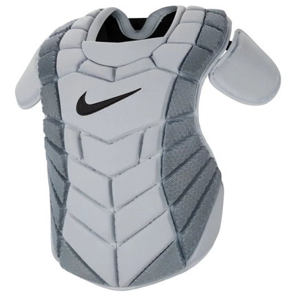 Gray and white Nike chest protector with a black swoosh logo, shown on a light gray background.