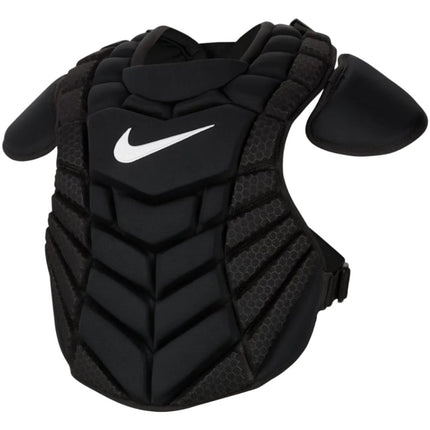 Black Nike baseball chest protector with shoulder guards and a white Nike swoosh logo on the front, shown against a light gray gradient background.