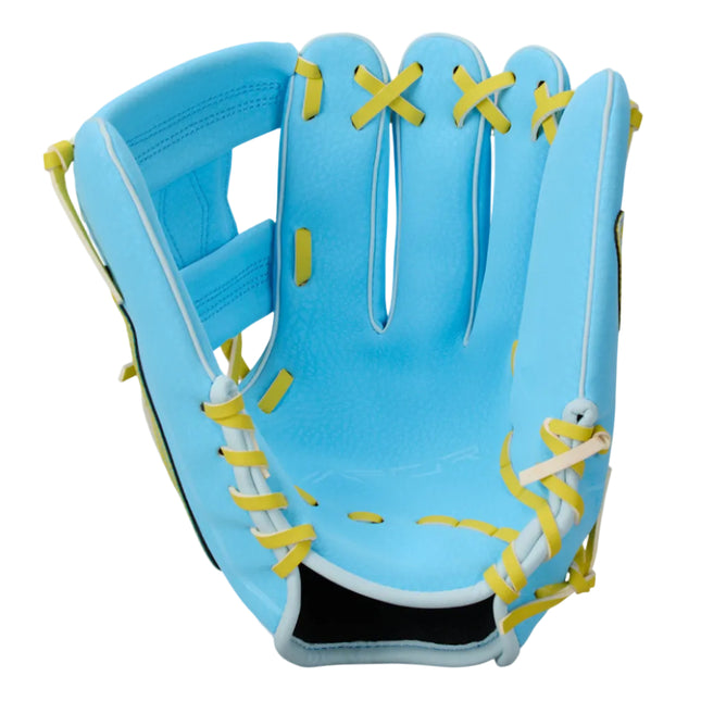Blue baseball glove with yellow stitching on a white background