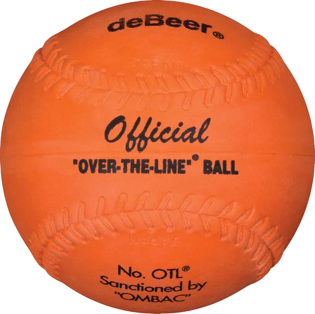 An orange deBeer Official 'Over-the-Line' Ball, a rubber sports ball with black printed text and embossed seam details, shown against a light gray background.