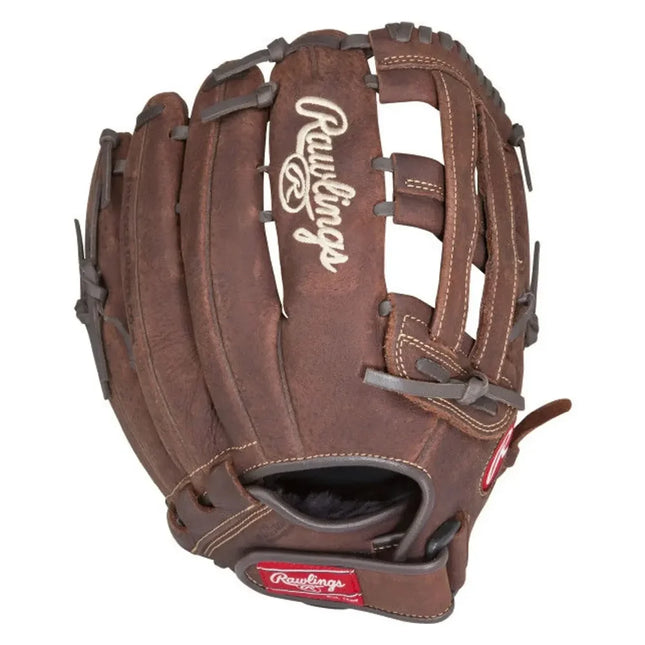 A brown leather baseball glove with white Rawlings script logo on the palm, shown on a plain white background.