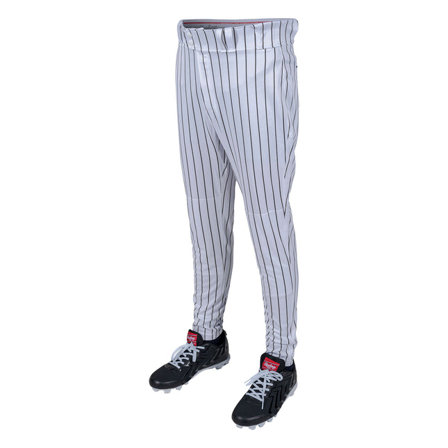 Baseball pants with pinstripes and cleats on a white background