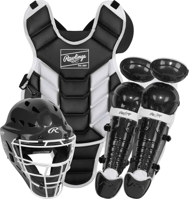 Baseball catcher's gear including a chest protector, leg guards, and helmet on a white background.