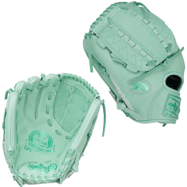 Pair of mint green baseball gloves with brand logo on a white background