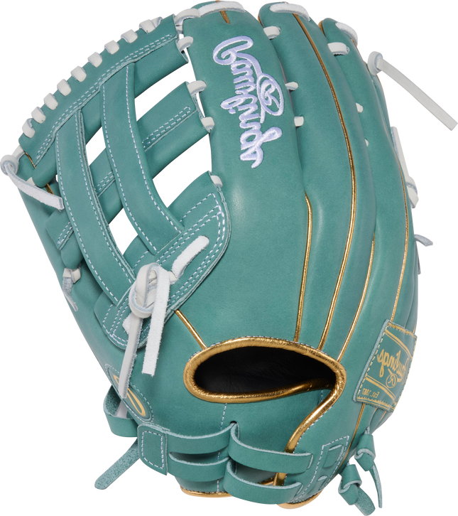 A Rawlings baseball glove in teal green leather with gold piping, white laces, and white logo embroidery, shown on a plain white background.