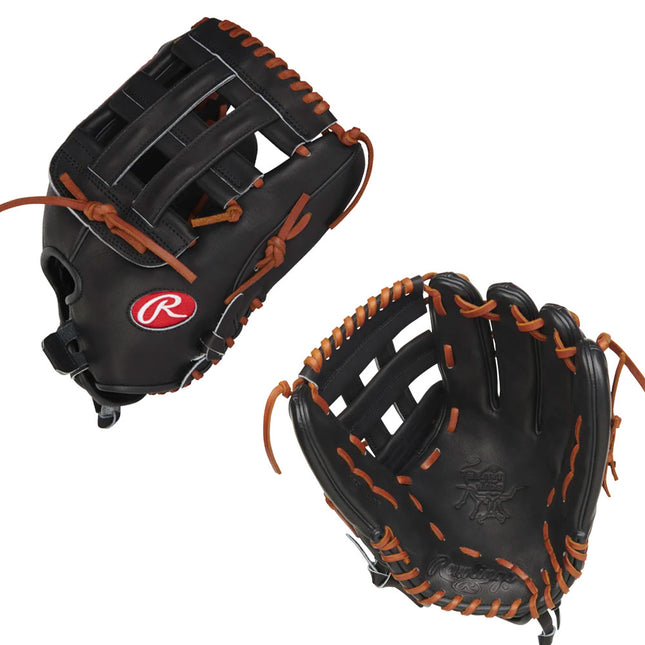 two views of a black baseball glove with brown laces