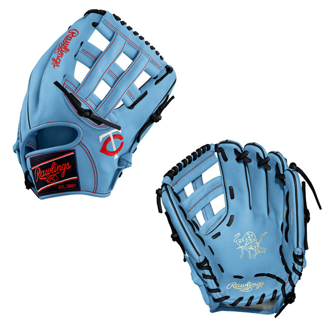 Two blue baseball gloves with black accents on a white background