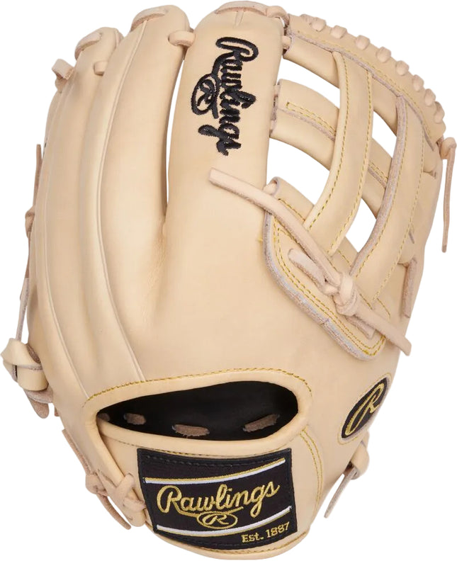 Beige baseball glove with Rawlings logo on a white background
