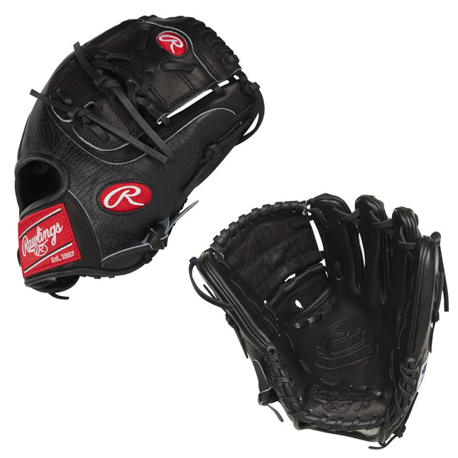 Black baseball glove with red Rawlings logo on a white background