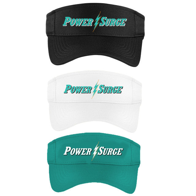 Three visors in black, white, and teal with 'Power Surge' logo on a white background