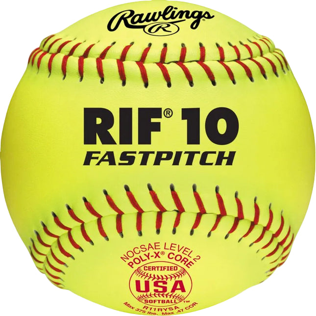 Yellow softball with red stitching and Rawlings branding on a white background