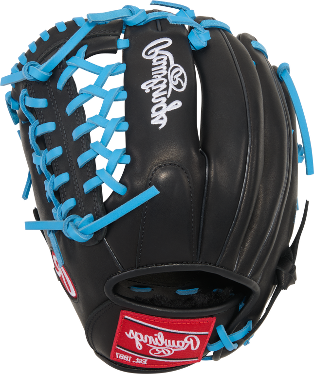 Black baseball glove with blue laces and Rawlings logo on a white background