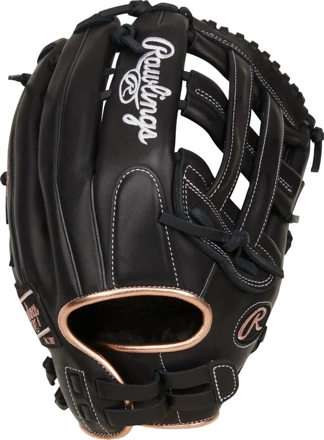 Black baseball glove with 'Rawlings' branding on a white background