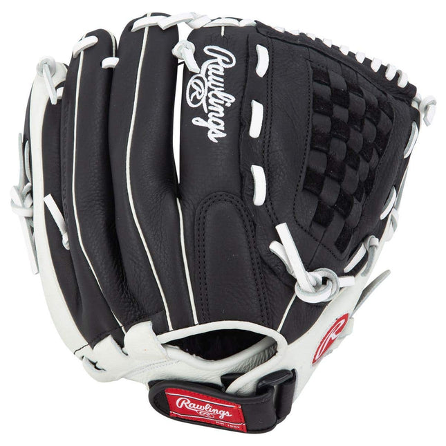 A black and white Rawlings baseball glove shown from a three-quarters perspective on a solid white background.