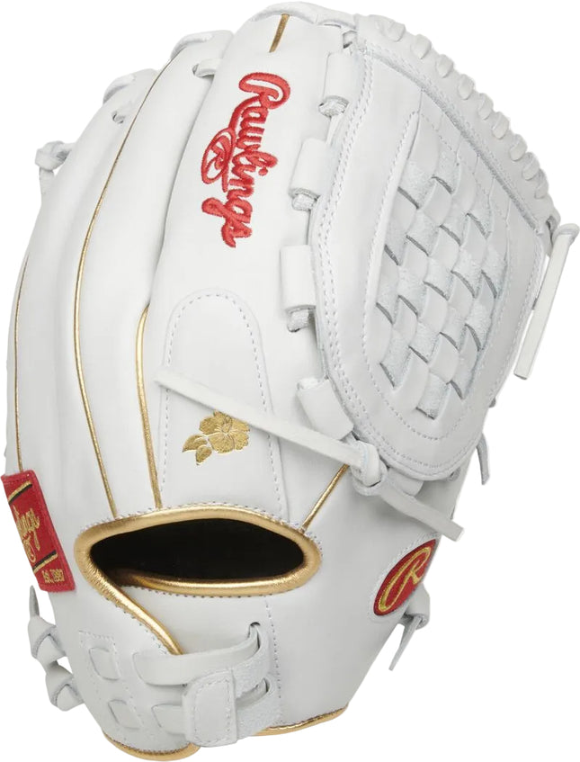 White baseball glove with red and gold accents on a white background