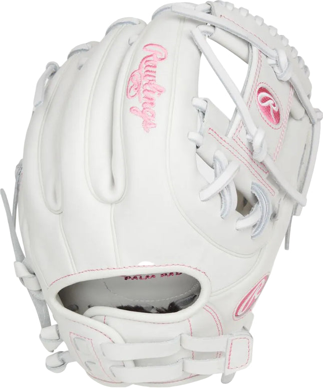 A white leather baseball glove with pink stitching and pink Rawlings branding, shown against a light gray background.