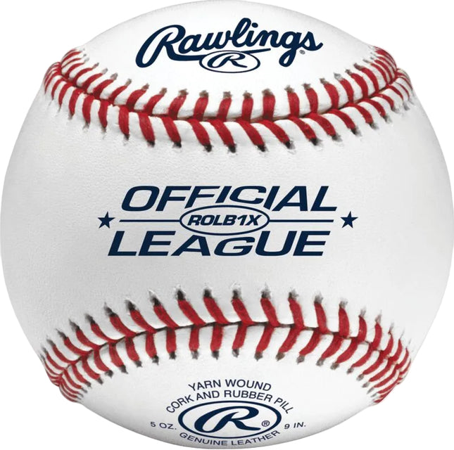 Baseball with Rawlings branding and 'Official League' text on a white background