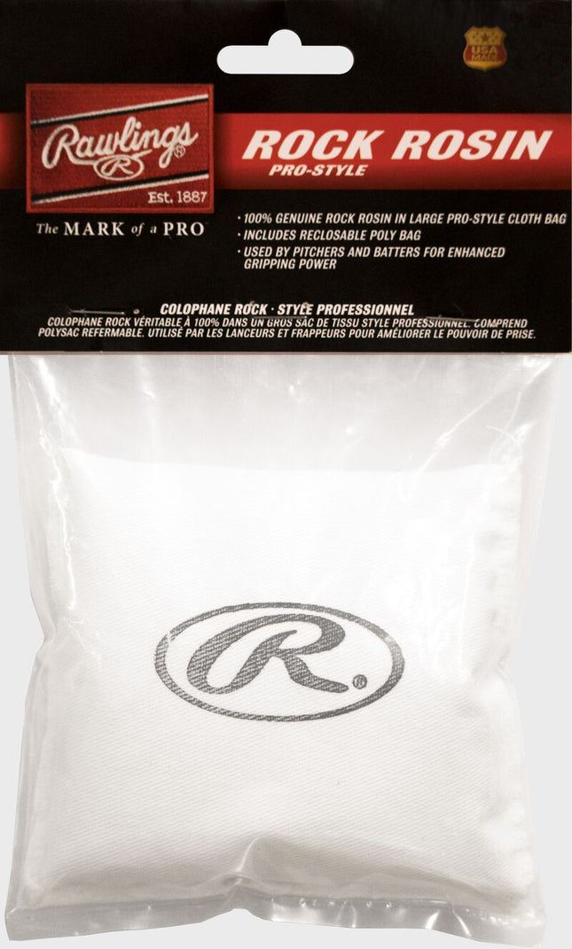 Rawlings Rock Rosin packaging with clear bag showing rosin inside.