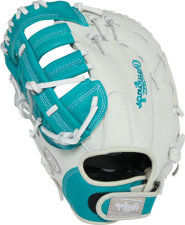 Teal and white baseball glove with Rawlings logo on a white background
