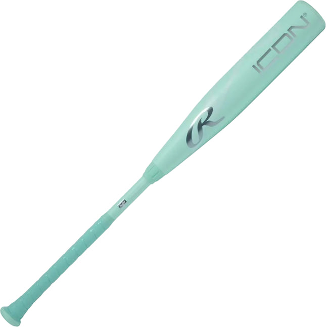 Light blue baseball bat with a brand logo on a light gray background