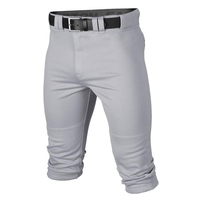 Gray baseball pants with a black belt on a white background