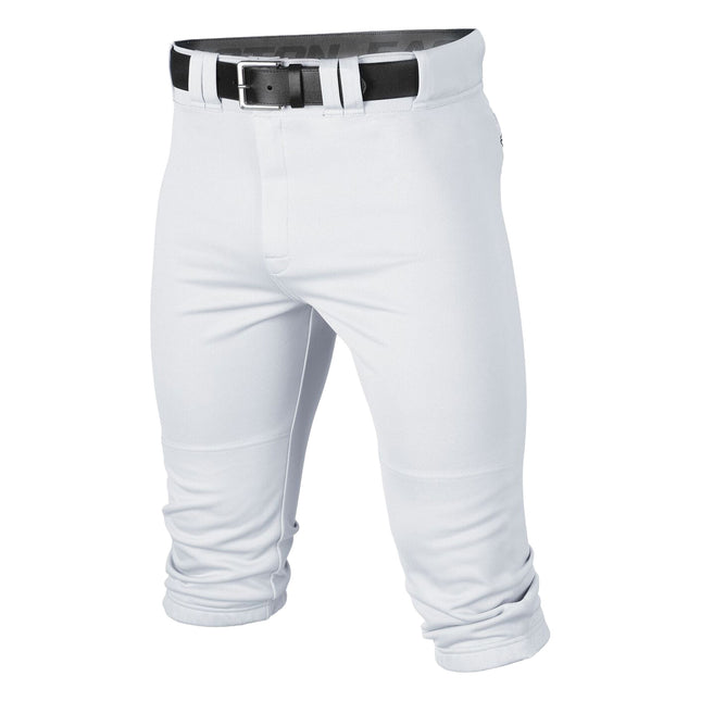 White baseball pants with a black belt on a white background