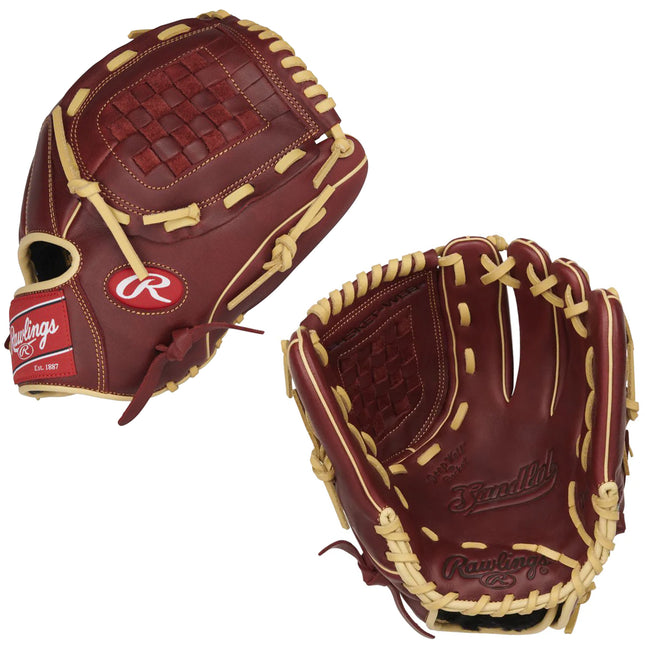 Two brown baseball gloves with gold stitching on a white background, featuring the Rawlings logo.