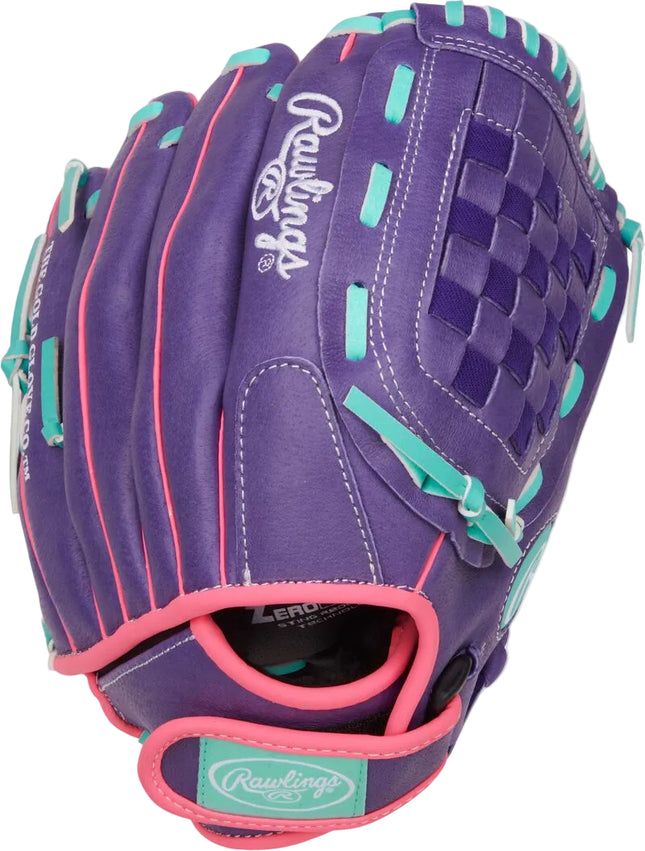 Purple baseball glove with pink and teal accents on a white background
