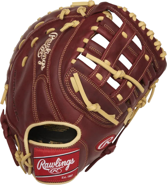 Brown baseball glove with gold stitching on a white background, featuring the Rawlings logo.