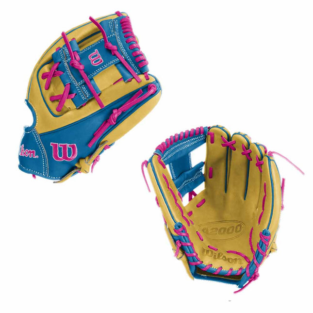 yellow, blue, and pink baseball glove