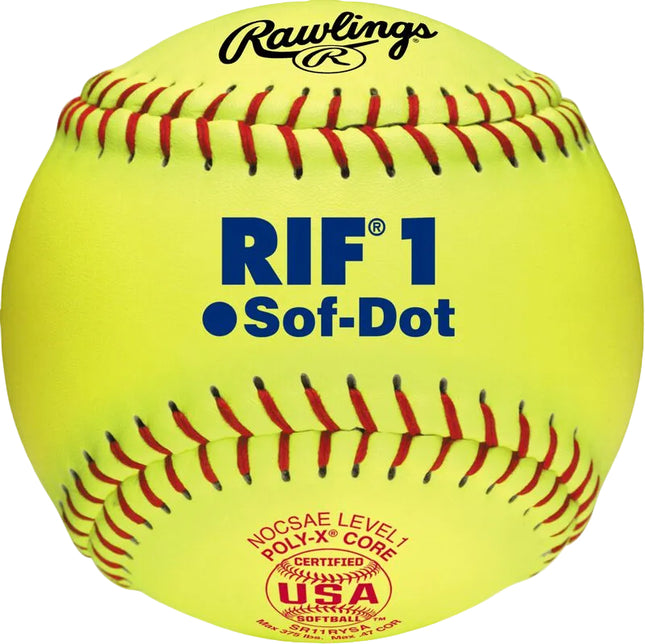 Yellow softball with red stitching and Rawlings branding on a white background