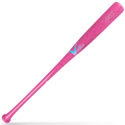A pink speckled plastic baseball bat with a light blue and white 'Vista' logo, shown diagonally on a white background with a soft shadow.