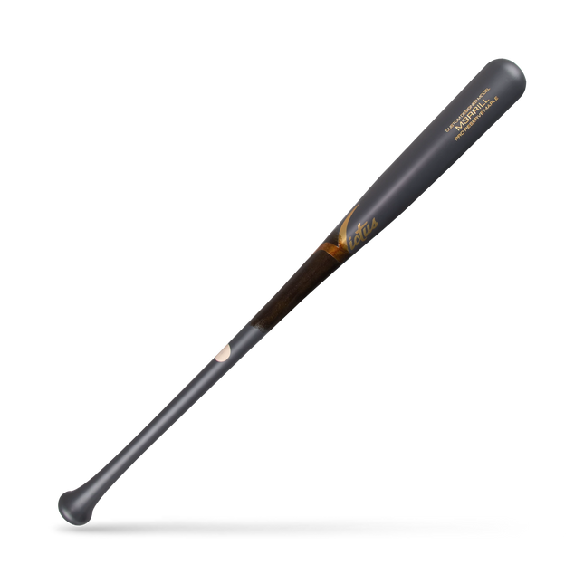 Baseball bat with black and gold design on a white background