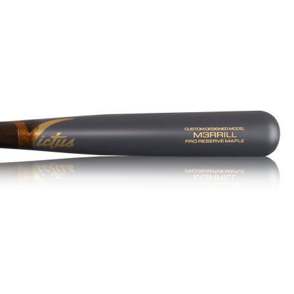 Black baseball bat with gold text on a white background